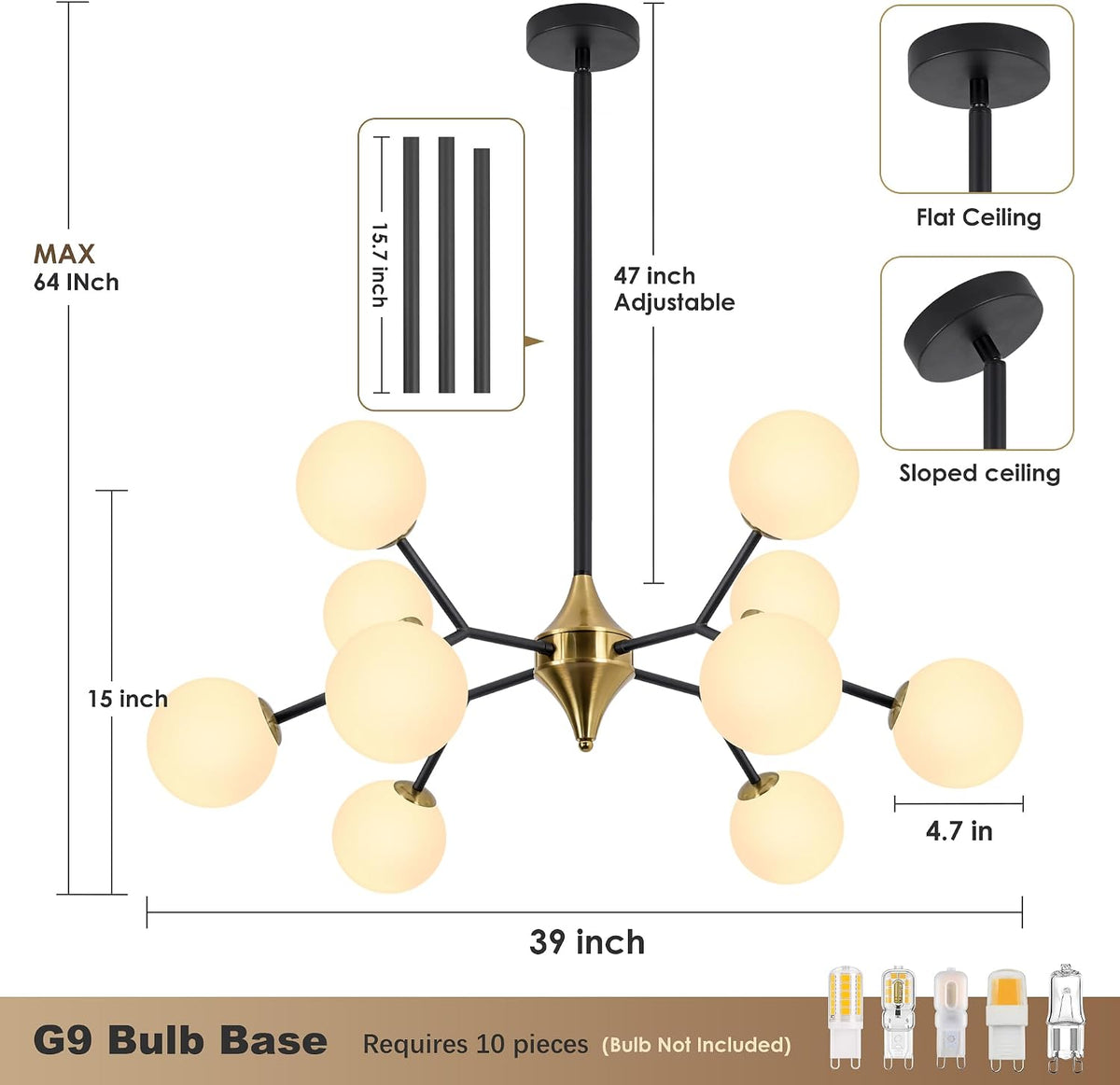 redstar 39" black and gold sputnik chandelier 10-light shown in use