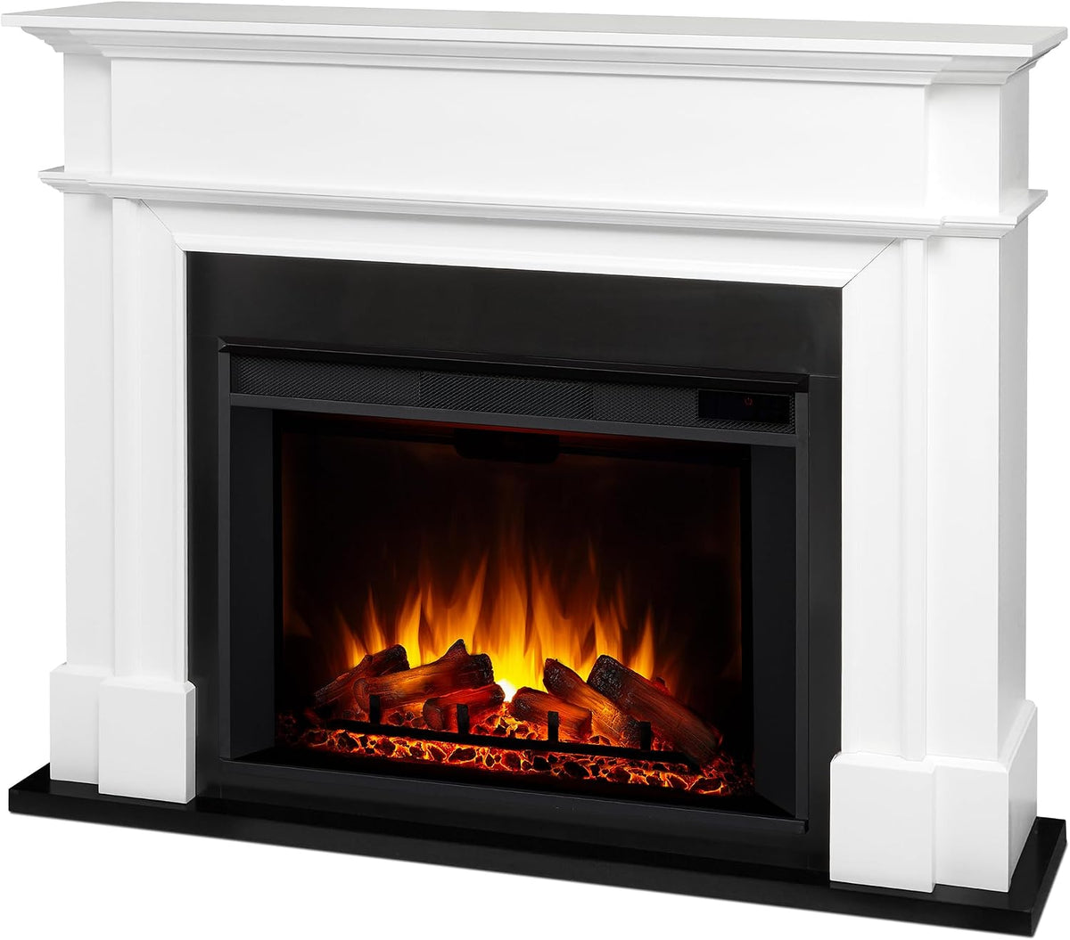 Real Flame Harlan 55” Electric Fireplace with Mantel for Living Room or Bedroom, Replaceable Fireplace Insert Heater, Realistic Log and Flame Effect, Remote Control, Timer, White