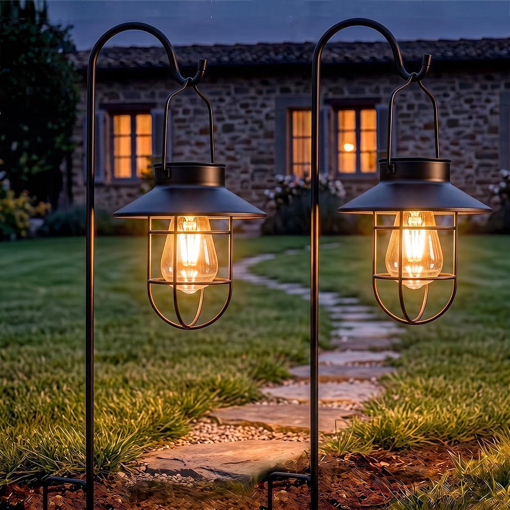 Solar Lantern Hanging Vintage Metal Light with Shepherd Hook