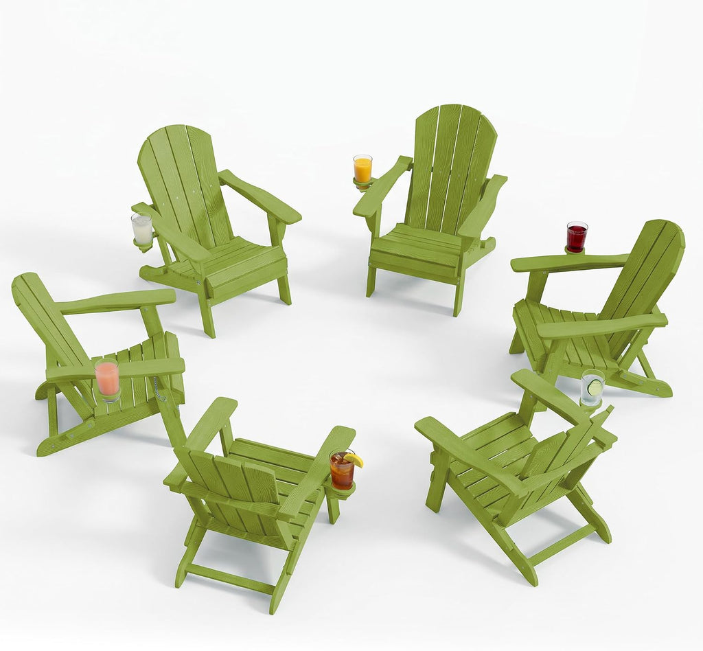 PLUUV Folding Adirondack Chairs Set of 6 with Cup Holder, Apple Green