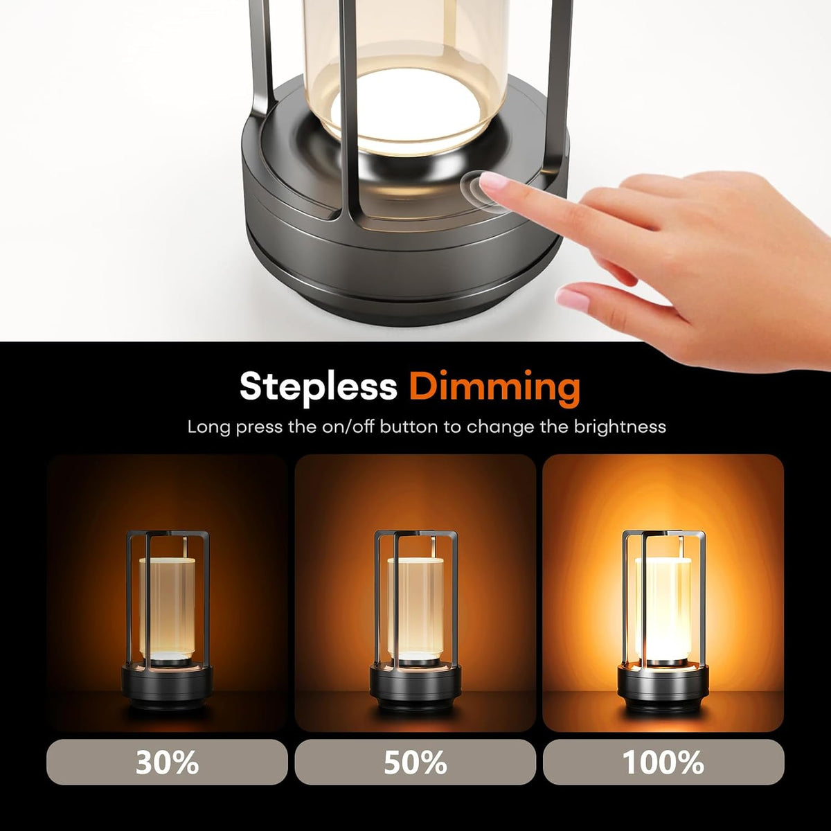 rechargeable cordless small metal table lamp, stepless dimming showing dimensions