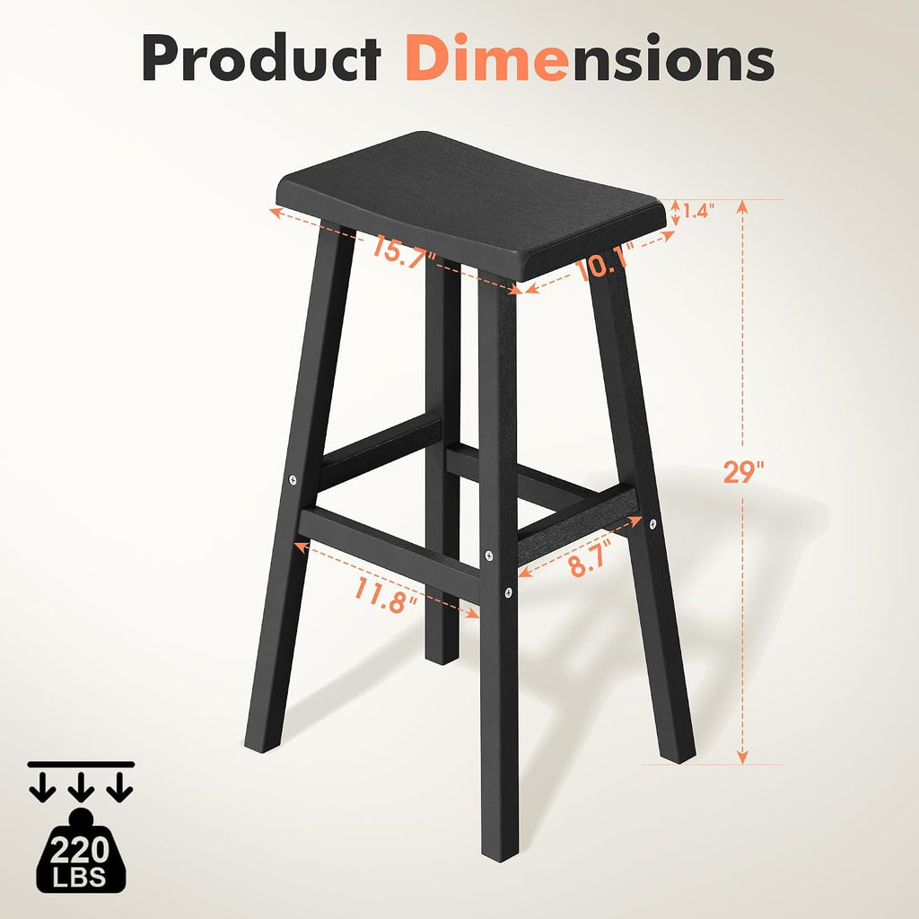 NUNU LAB Polywood Saddle-Seat Counter Height Bar Stools for Kitchen Island with Footrest, HDPE Waterproof Barstools for Outdoor/Indoor, 29-Inch Height, Black, Set of 2