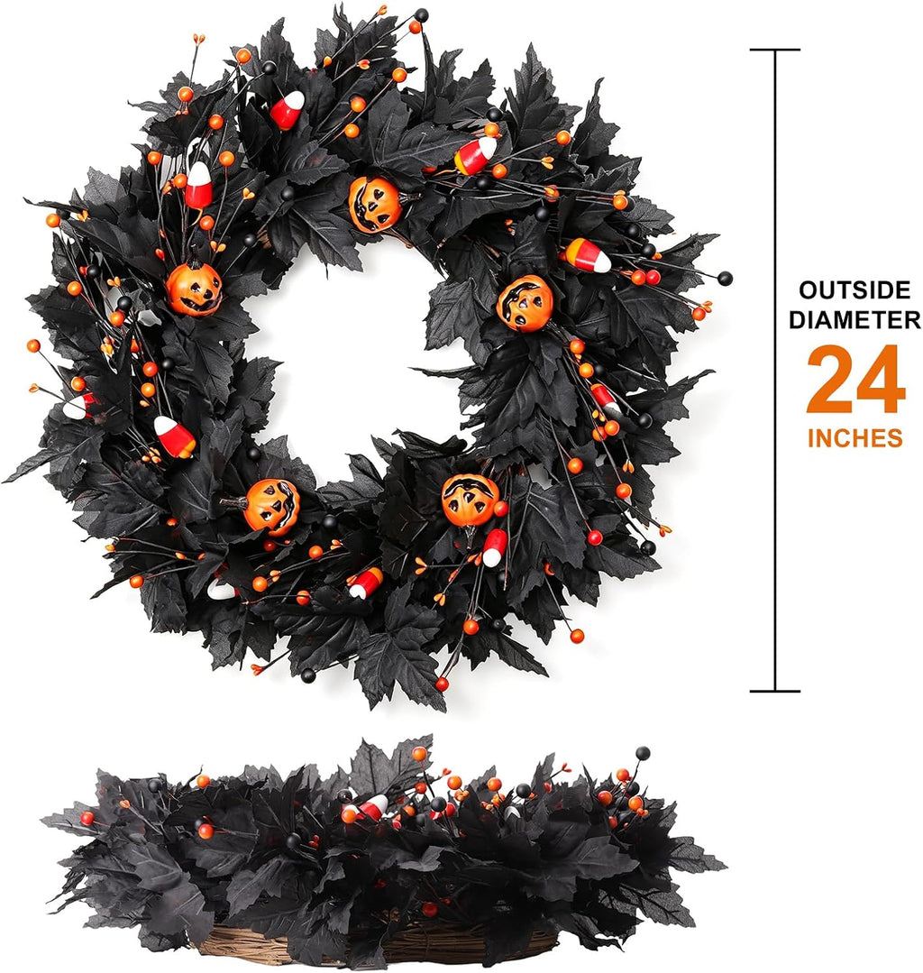 Pumpkin Halloween Wreath 24 Inch Black Maple Leave Wreaths for Front Door with Ghost Pumpkin Orange Berries for Indoor Window Wall Halloween Party