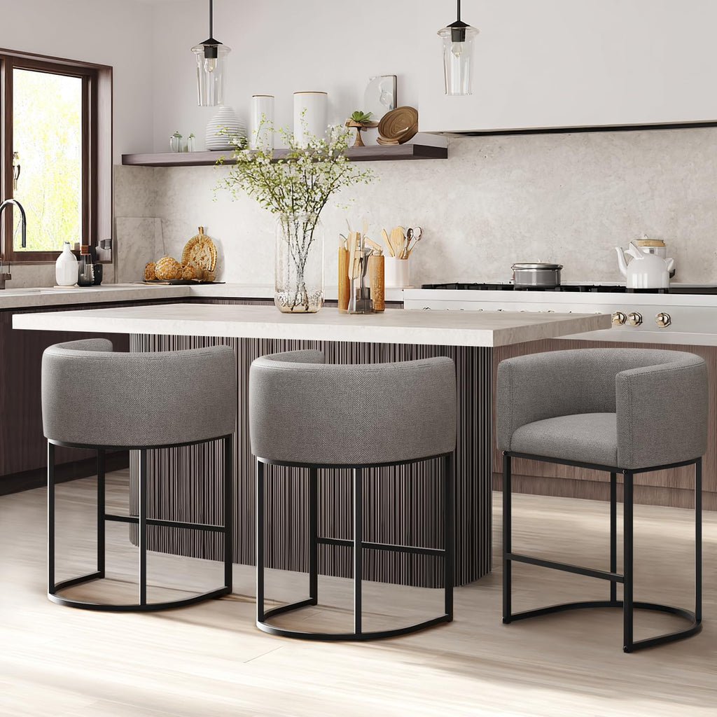 Counter Height Bar Stools Set of 3, 24 Inch Seat Height Barstools for Dining Room, Fabric Upholstered Bar Chair for Kitchen Island, Linen Counter Stools with Metal Legs, Gray