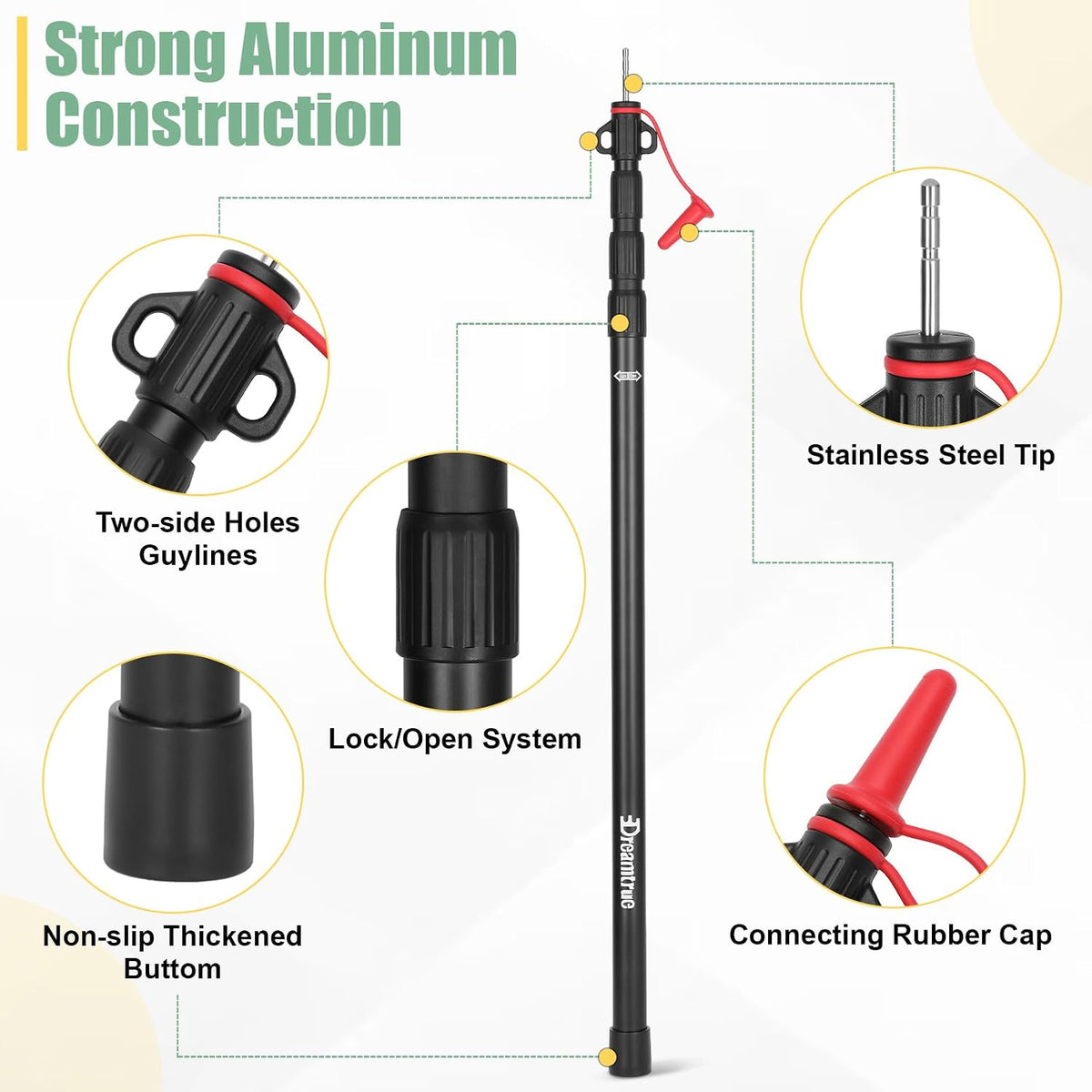Dreamtrue Tarp Poles Telescoping, Upgraded 4-Section Adjustable Tent Poles, Heavy Duty Aluminum 8.7Ft Length Shade Sail Poles, Canopy Awning Support Poles Set Sun Shade Cloth Poles(Black-4pcs)