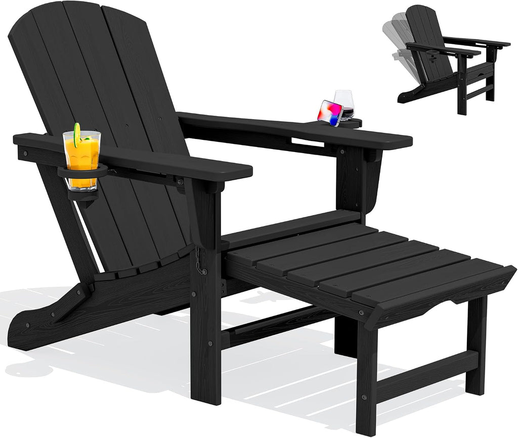 SERWALL HDPE Folding Adjustable Adirondack Chair with Footrest, Black