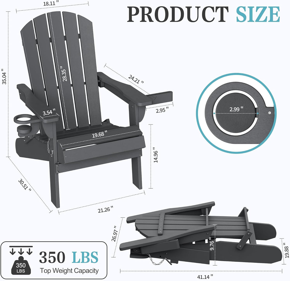 Shintenchi Folding Adirondack Chair,HDPE All-Weather Patio Chair with Cup Holder & Phone Holder,Wooden Textured Fire Pit Chair for Patio,Outside,Deck,Backyard,Dark Grey