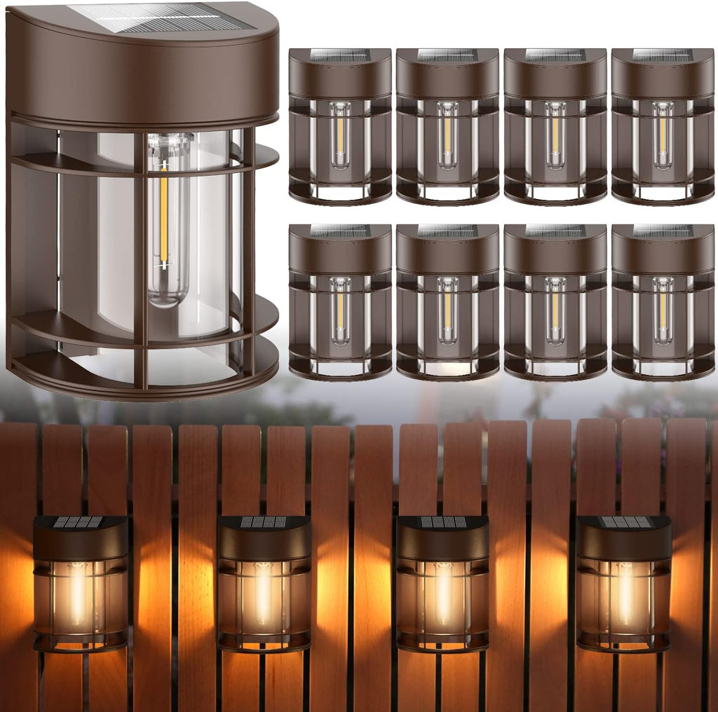 Solar Fence Lights, 8 Pack Deck Light Waterproof Solar Outdoor Lights for Garden Fence Post Backyard Decor, Brown