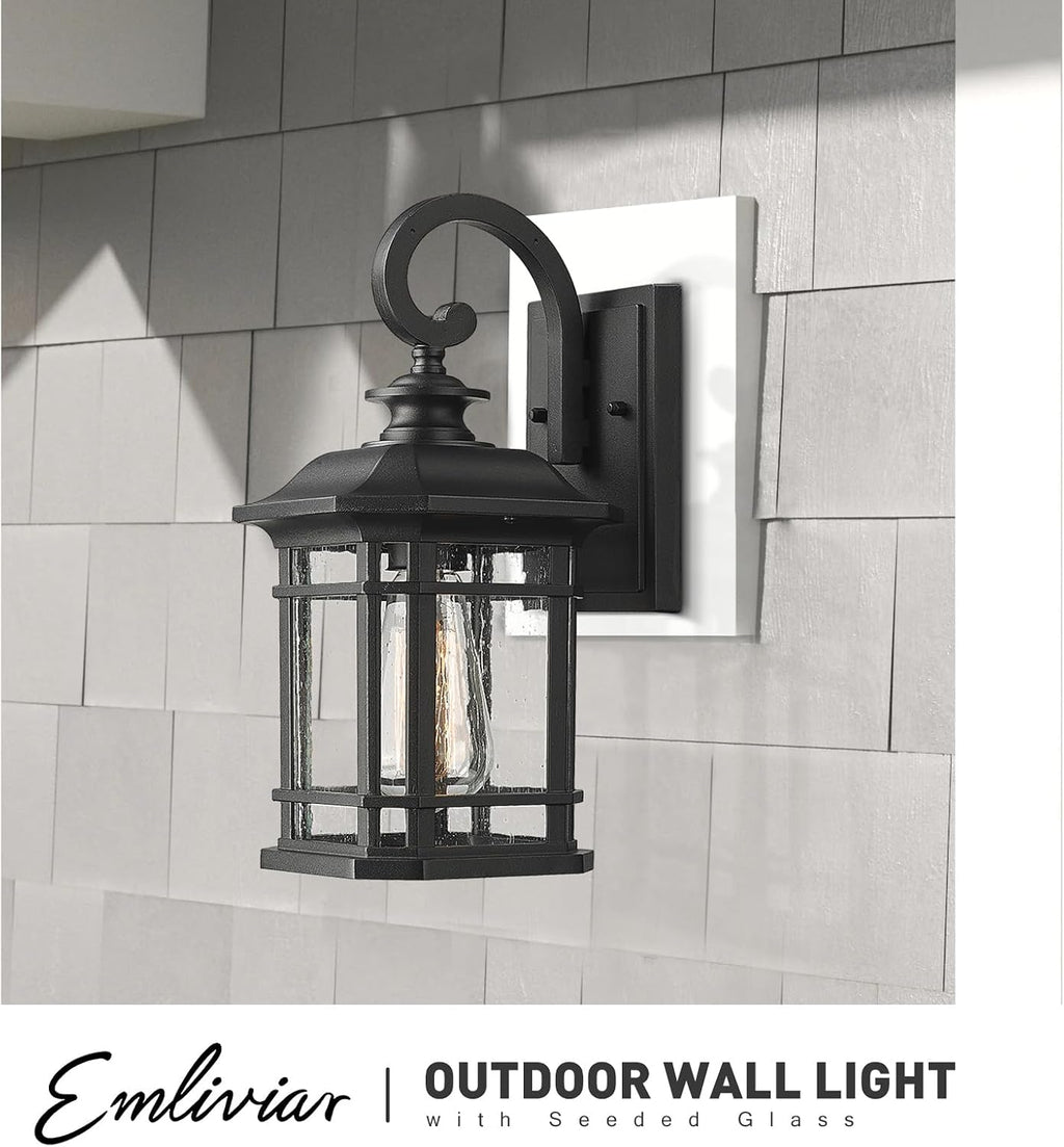Emliviar 2-Pack Exterior Wall Mount Lights, Seeded Glass, 2084B-2BK