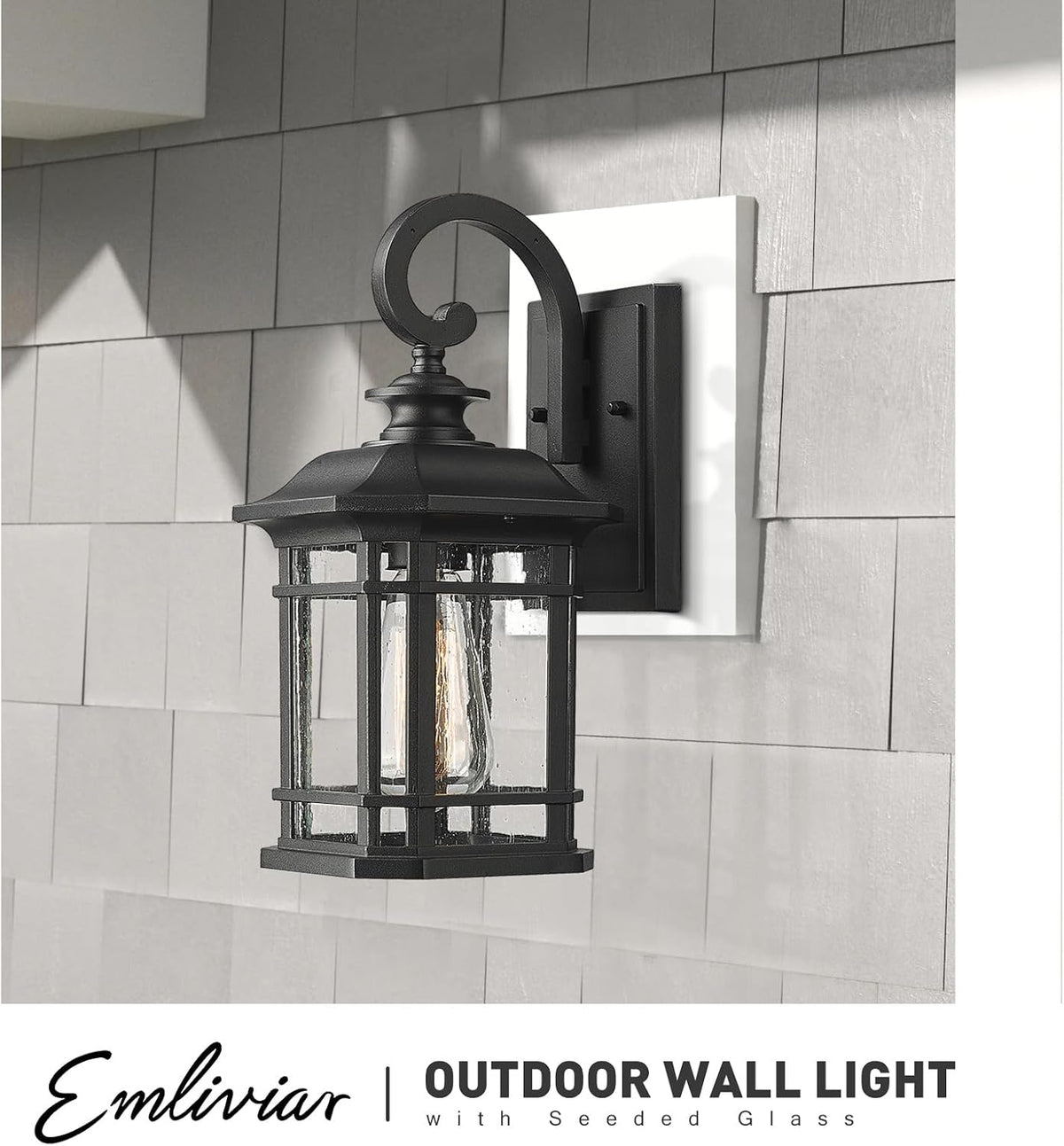 Emliviar 2-Pack Exterior Wall Mount Lights, Seeded Glass, 2084B-2BK