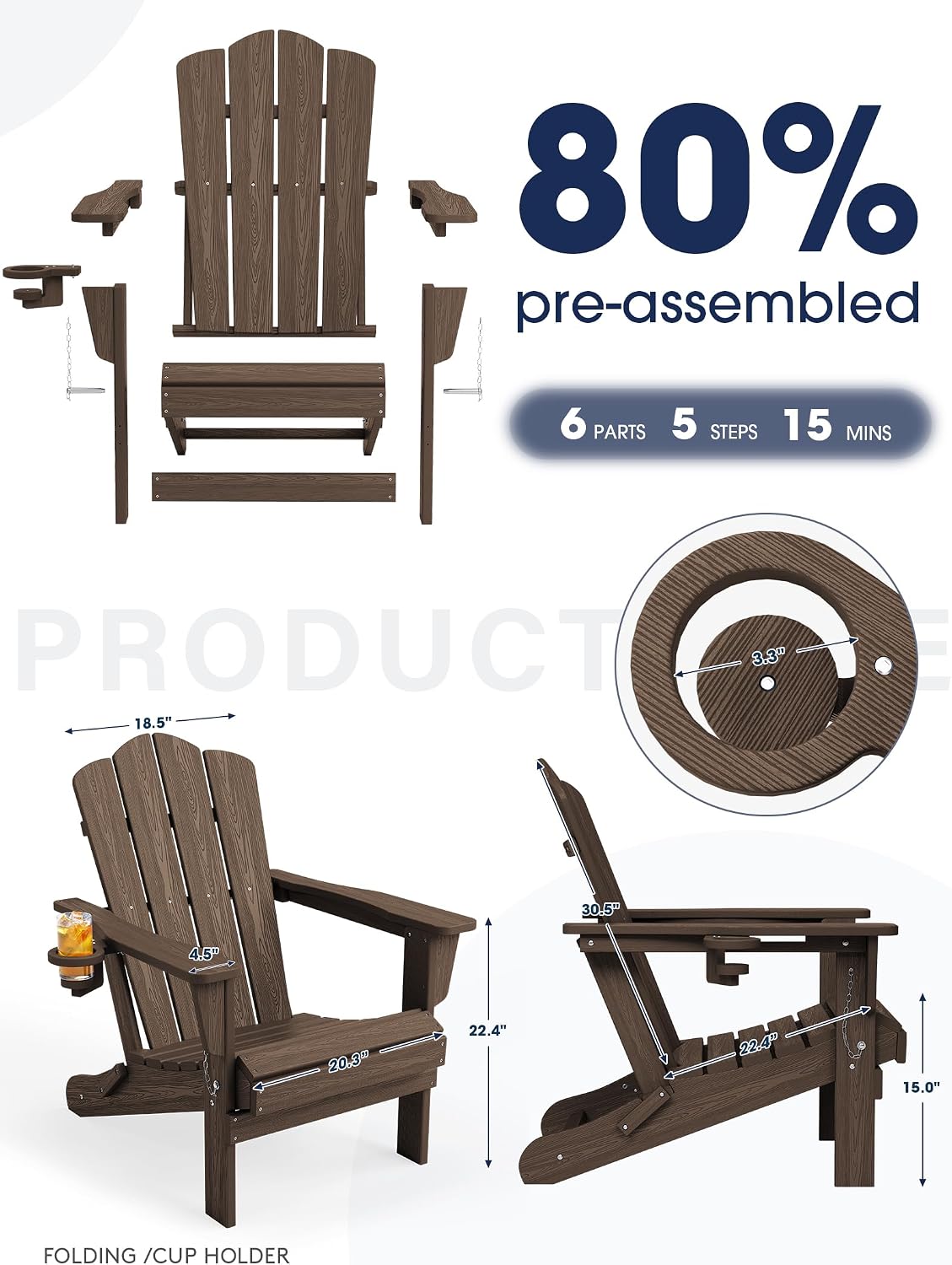 KINGYES Folding Adirondack Chair with Cup Holder, Coffee