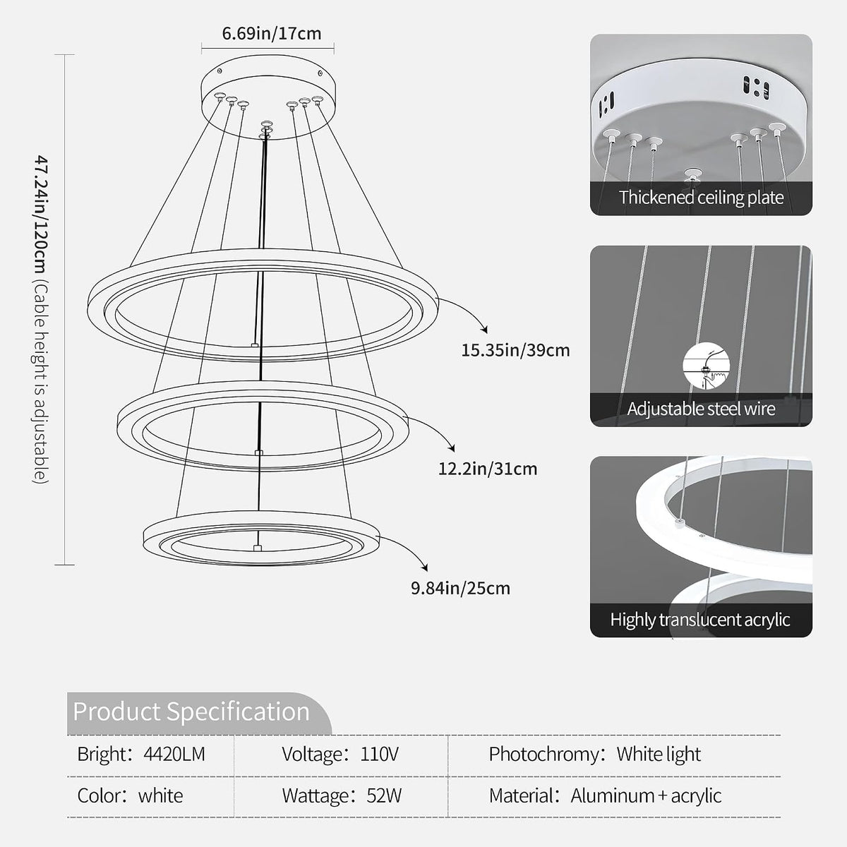 O'NEELDY Modern LED Chandeliers White Pendant Light Fixture 3 Ring Flush Mount Chandeliers with Adjustable Hanging Cord for Bedroom,Kitchen, Island Cafe