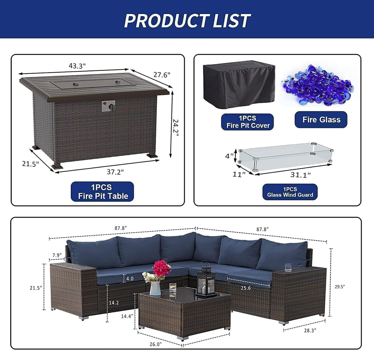 Kullavik 7 Piece Outdoor Wicker Patio Furniture Set with Fire Pit Table