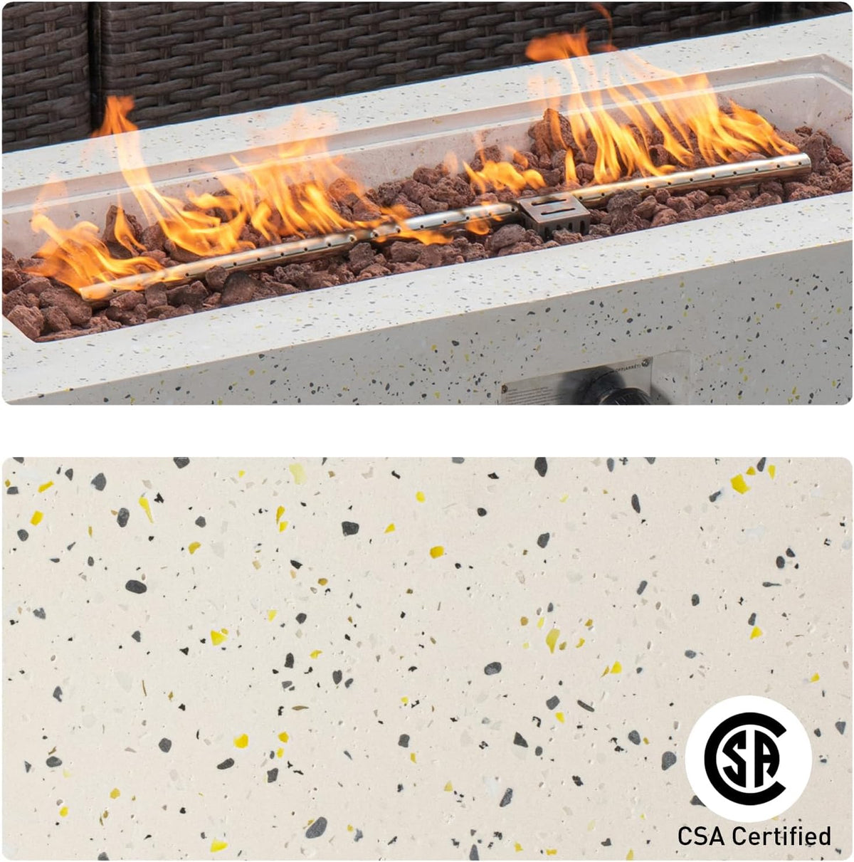COSIEST Outdoor Fire Pit Coffee Table, 42-inch x 13-inch Terrazzo Rectangle Base Patio Heater w Certified, 50,000 BTU Stainless Steel Burner, Free Lava Rocks and Rain Cover