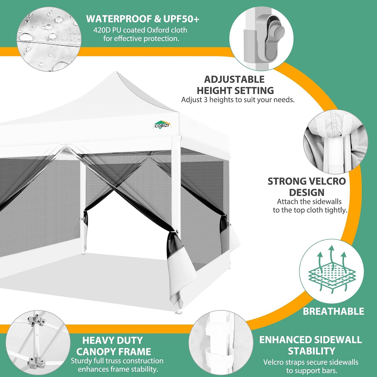 COBIZI 10x10 Heavy Duty Pop Up Canopy Tent with 4 Mosquito Netting Walls