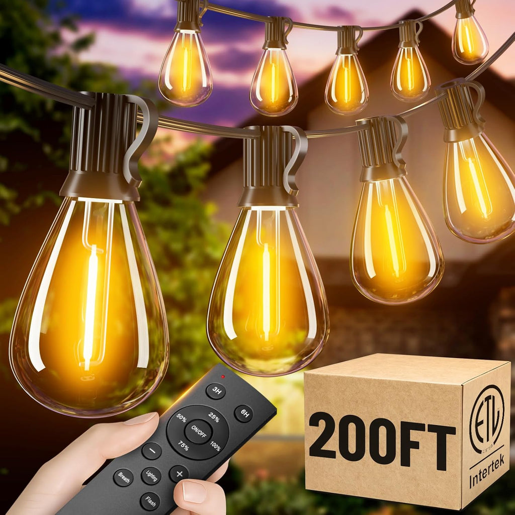 200FT Outdoor String Lights with Remote, Waterproof Patio Lights with 72+2 Shatterproof LED Bulbs,Dimmable Hanging Decor for Backyard Garden Porch Bistro, Timer & 3 Modes,2200K Warm White