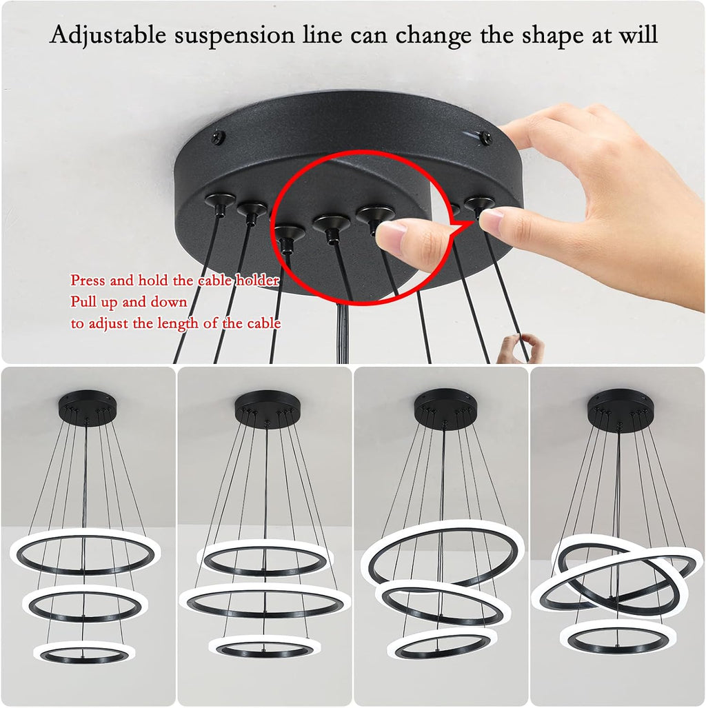 O'NEELDY Modern 3 Ring LED 52W Black Pendant Light with Irregular Ring Lights Adjustable Hanging Lamp for Dining Room Bedroom Kitchen Island Cafe