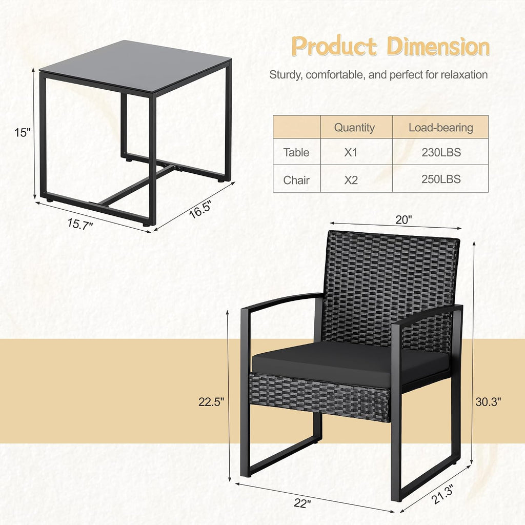 Greesum 3 Piece Wicker Conversation Bistro Sets Outdoor Patio Set(Black)
