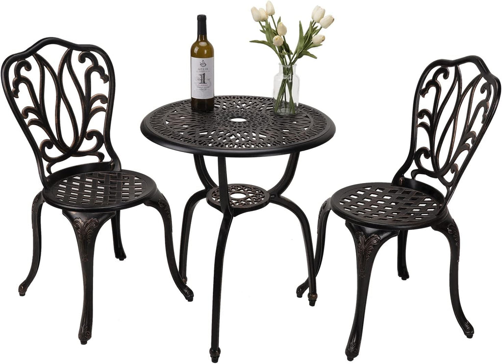 yksy&yksy 3-piece patio bistro furniture set cast-aluminum bistro shown in use