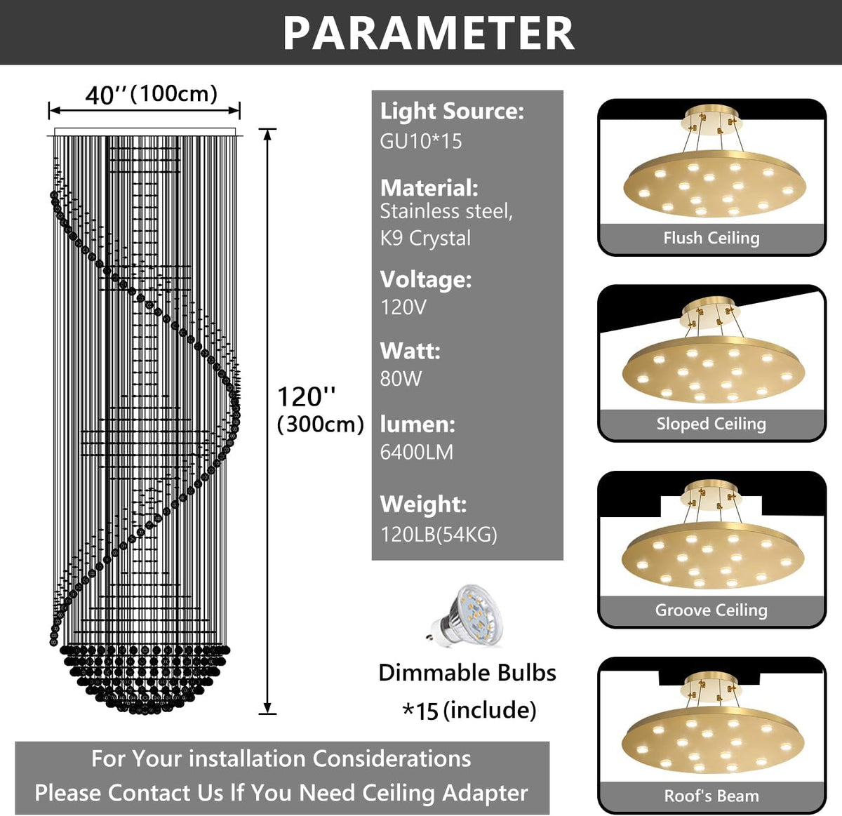 D40'' x H120'' Crystal Chandelier High Ceiling Chandeliers for Staircaes Large Raindrop Chandeliers LED Dimmable Flush Mount Light Fixtures for Foyer Hallway Entryway LED Bulbs Included Gold