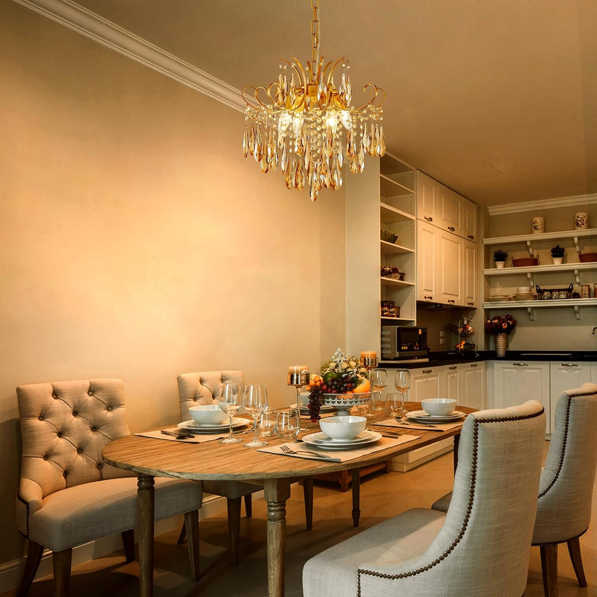gold crystal chandeliers for dining room 4-light modern shown in use