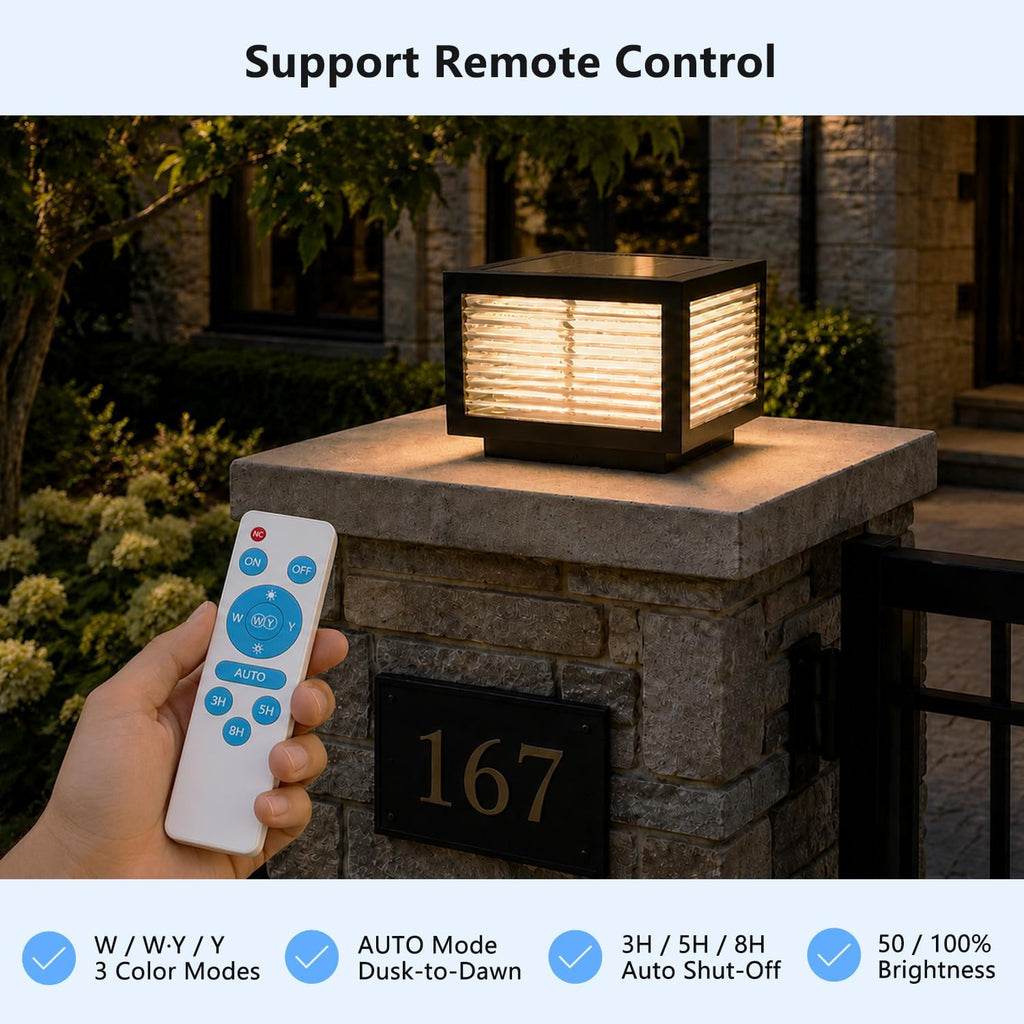 Solar Post Lights Outdoor, 9.8" Square Large Column Light with RC