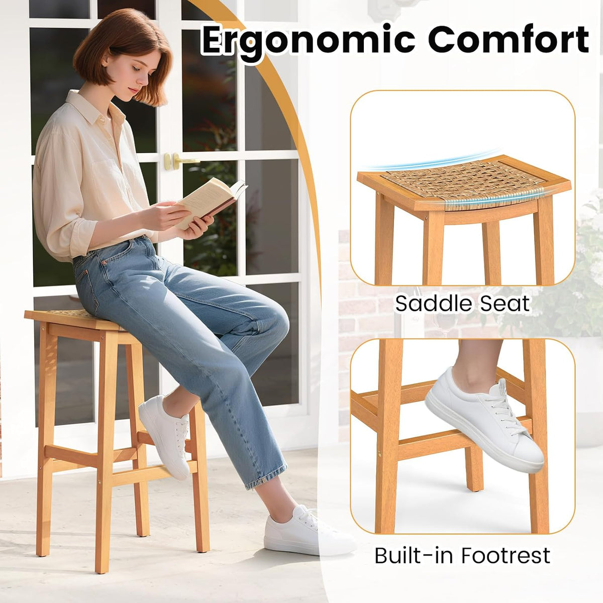 GIANTEX Outdoor Wooden Bar Stools Set of 2, 29" Backless Patio Barstools with PE Rattan Saddle Seat & Footrest, Solid Acacia Wood Bar Height Stools for Porch, Garden, Backyard, Poolside, Armless