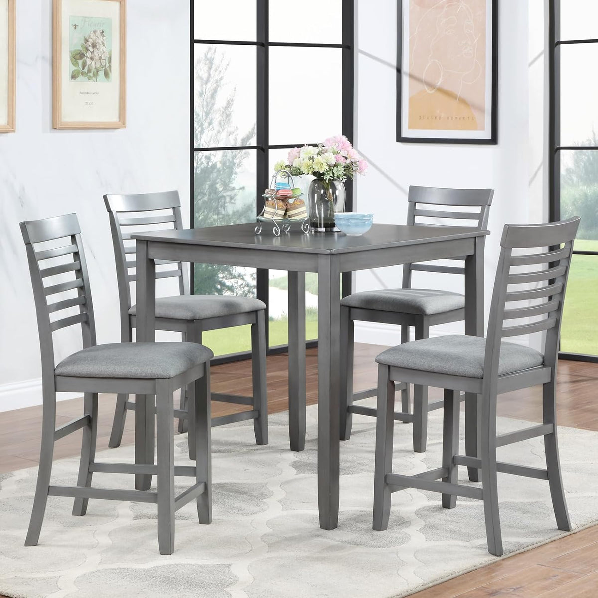 LUMISOL 5-Piece Dining Table Set for 4, Farmhouse Counter Height Kitchen Dining Table Set with 4 Upholstered Chairs for Kitchen, Dining Room, Home Bar, Grey