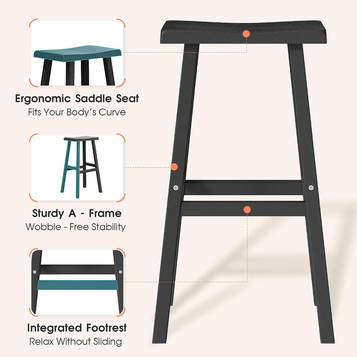 NUNU LAB Polywood Saddle-Seat Counter Height Bar Stools for Kitchen Island with Footrest, HDPE Waterproof Barstools for Outdoor/Indoor, 29-Inch Height, Black, Set of 2