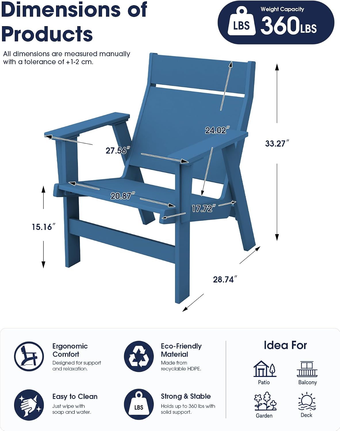KINGYES Modern Adirondack Chair, Slateless Design, Navy