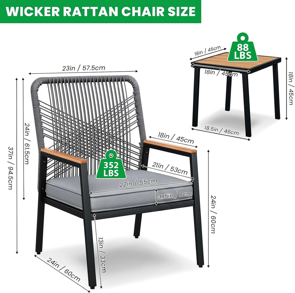 LIFERUN 3-Piece Rattan Patio Set with 2 Chairs and Table, Gray