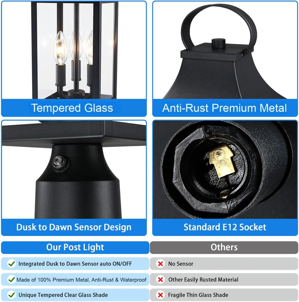18.62'' Dusk to Dawn Post Light Outdoor, Large 3-Light Lamp Post Light