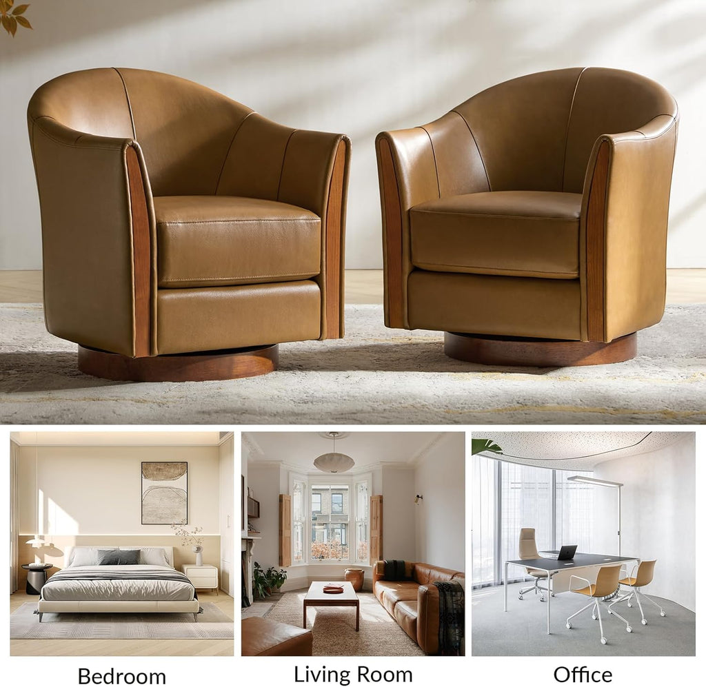 HULALA HOME Leather Swivel Accent Chairs with Wood Base Set of 2, Camel