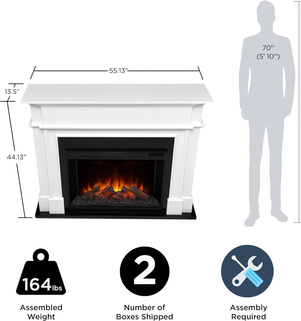 Real Flame Harlan 55” Electric Fireplace with Mantel for Living Room or Bedroom, Replaceable Fireplace Insert Heater, Realistic Log and Flame Effect, Remote Control, Timer, White