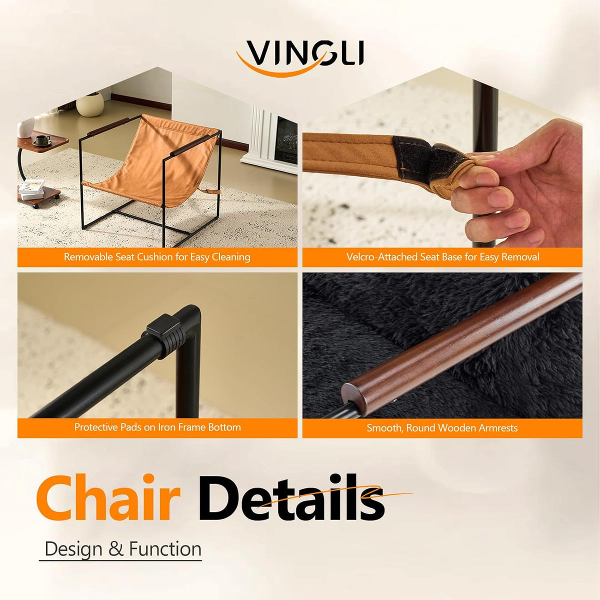 VINGLI 28" Wide Plush Upholstery Sling Modern Accent Chair with Metal Frame, Cute Reading Armchair with Removable Seat Cushion & Tan Microfiber Seat Base, Lazy Chair for Bedroom & Lounge,Black