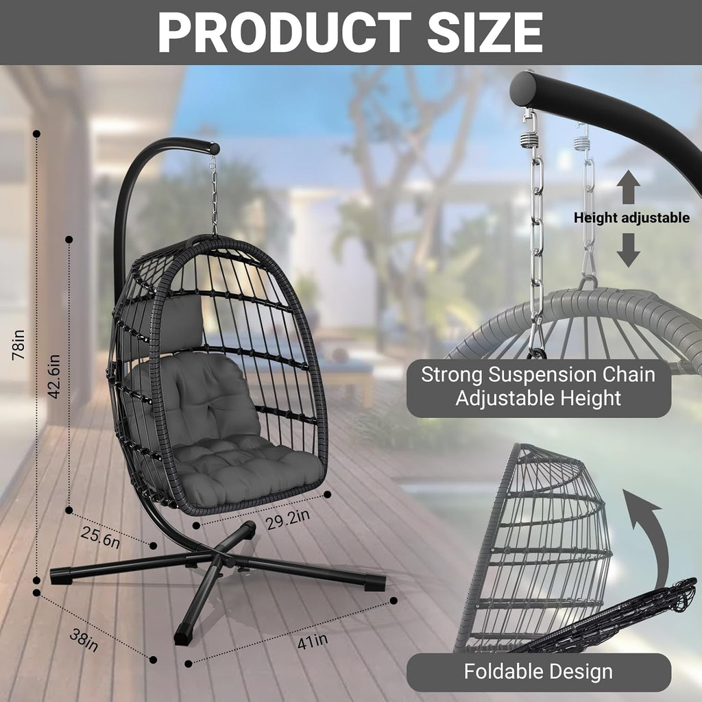 chabatree egg chair with stand,patio rattan wicker hanging, side view