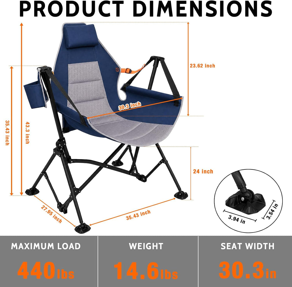 Romswi 1 Pcs Hammock Chair, Oversized Portable Folding Swinging Chair with Adjustable Back & Seat, Supports 440lbs for Outdoor, Patio, Lightweight Camp Chair Blue(Without footrest)