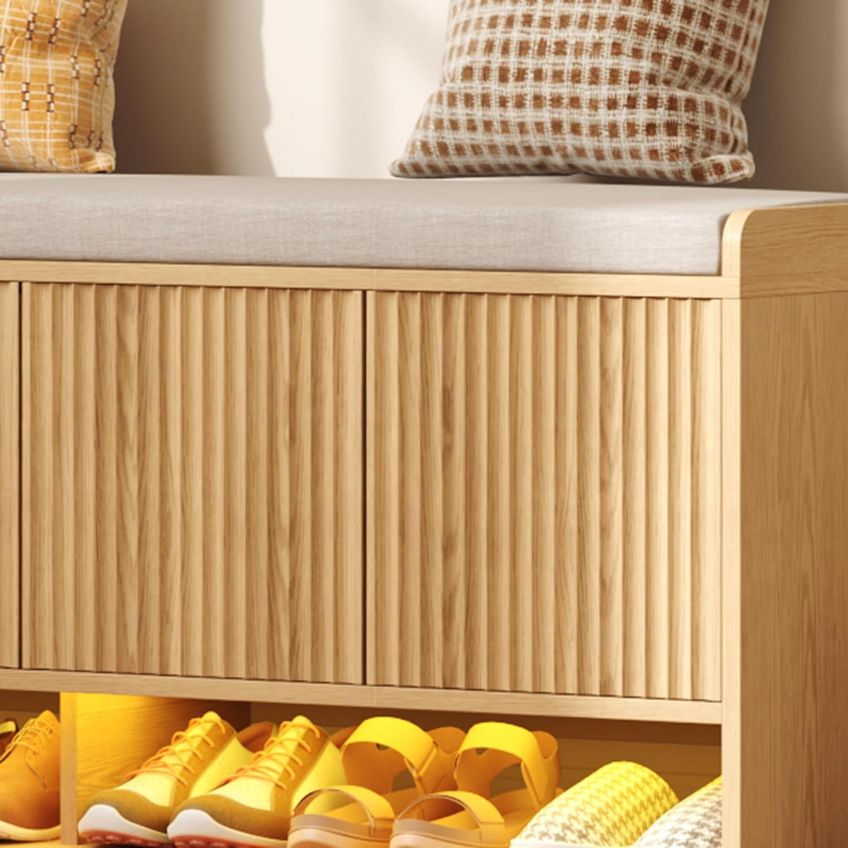 HOMEFORT 47.2" Fluted Shoe Storage Bench, Entryway Bench with Linen Seat Cushion, Shoe Cabinet Bench with Adjustable Shelf and Built-in LED Sensor Light, Bench for Bedroom End of Bed, Natural Oak