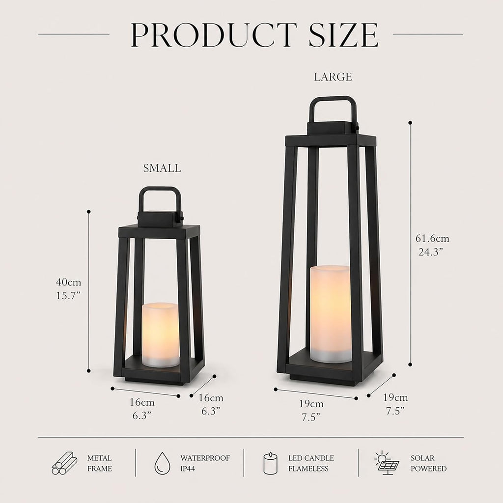 Integrated LED Solar Lantern Outdoor Large H24 Inch Black Metal Decorative Solar Light with Flickering Candle Waterproof Patio Lantern for Garden Pathway Porch Yard