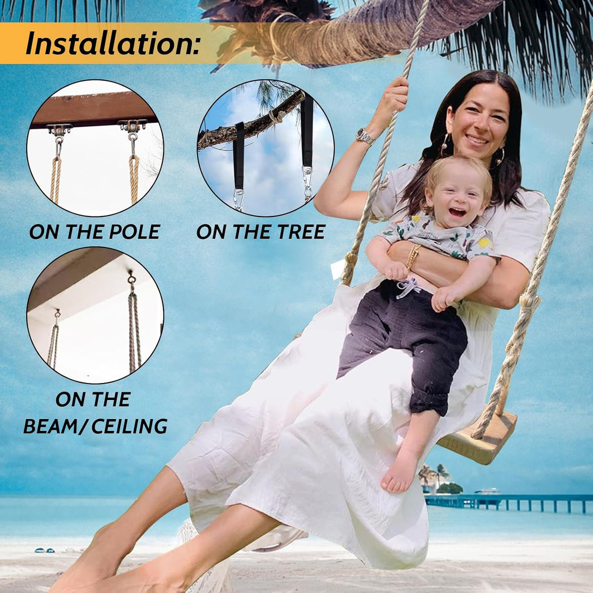 Hanging Wooden Tree Swing with Adjustable Hemp Rope & Extendor Tree Straps