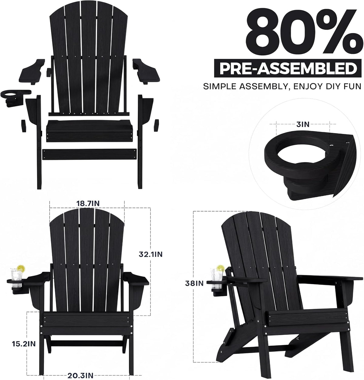 Plawdlik Folding Adirondack Chair Set of 4, Adjustable 3-Position, Black (Set of 2)