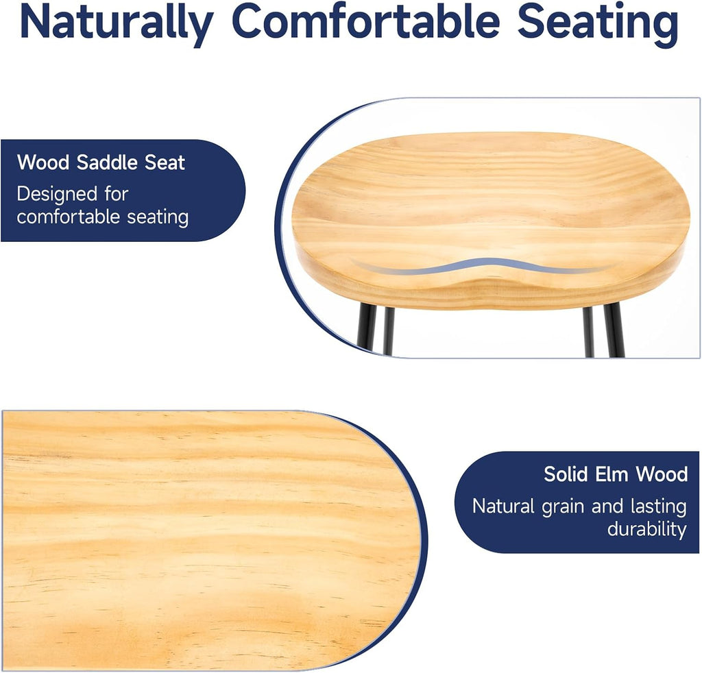 Bar Stools Set of 2, 24'' Counter Height Rustic Wooden Saddle Seat Natural