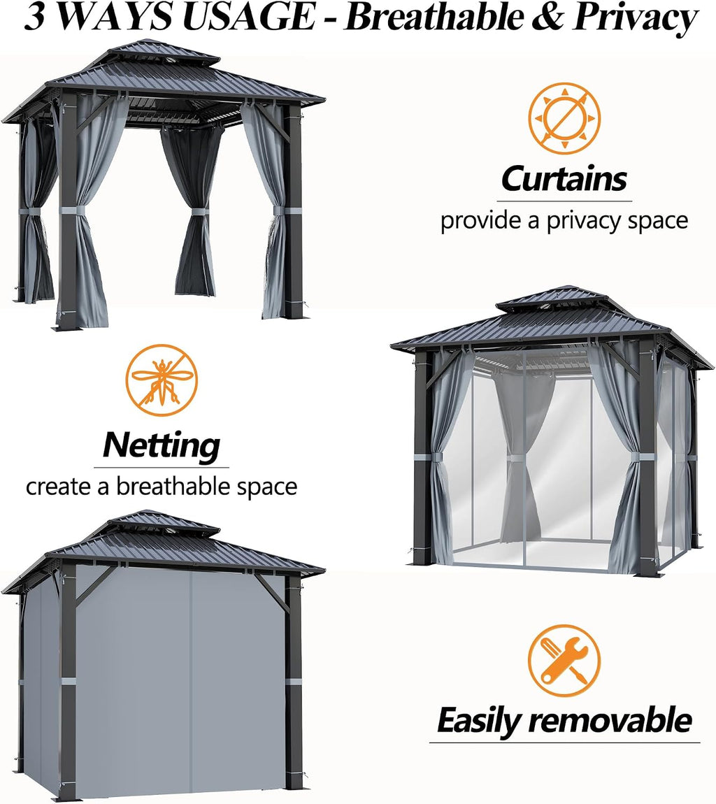 GARTOO 8x8FT Outdoor Hardtop Gazebo with Double Roof