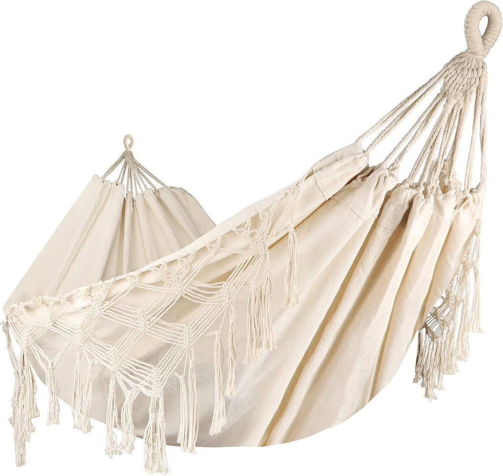 Bellzacasa Double Hammock, Heavy Duty 500 lb Load Capacity Tassels and Fishtail Knitting Portable Camping Hammocks with Mounting Straps for Outdoor Camping Patio Balcony Beige