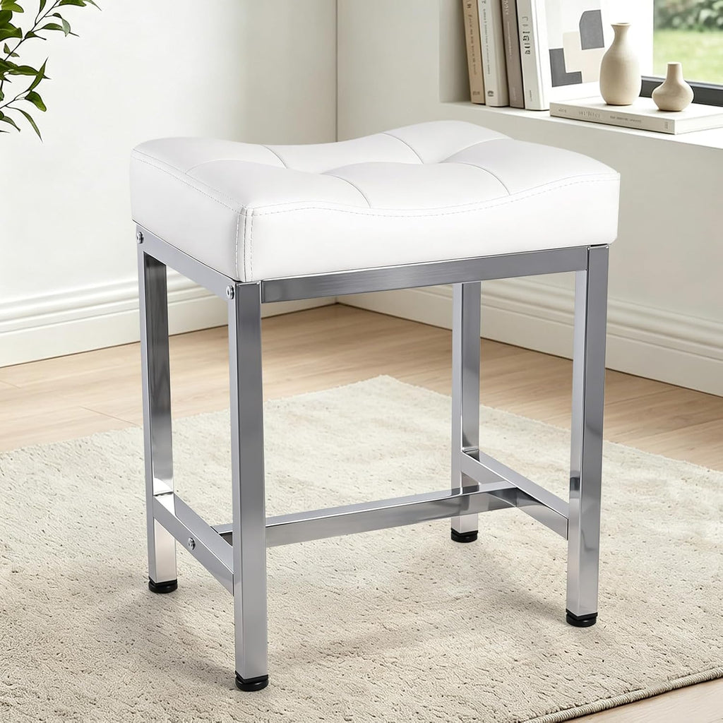 Saddle Seat Vanity Stool, Makeup Stool Chair with Metal Legs White&Silver