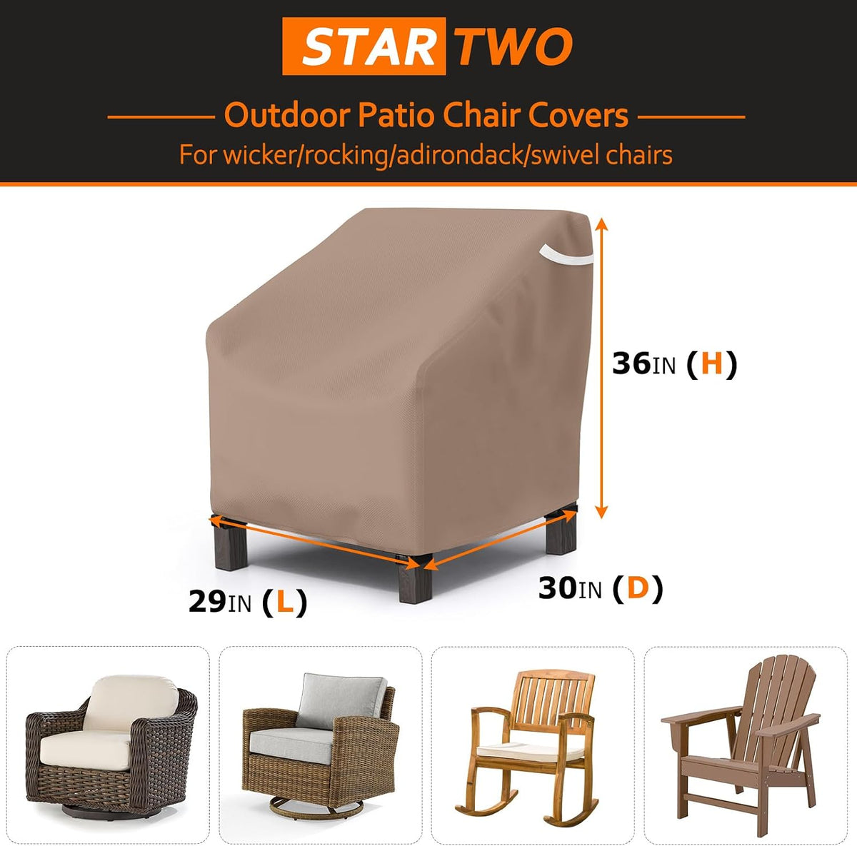 STARTWO Patio Outdoor Chair Covers 2 Pack, Outdoor Furniture Covers Waterproof Adapter for Lawn Lounge Seat, Wicker, Swivel, Adirondack,Rocking Chairs, 29" W x 30" D x 36" H, Brown