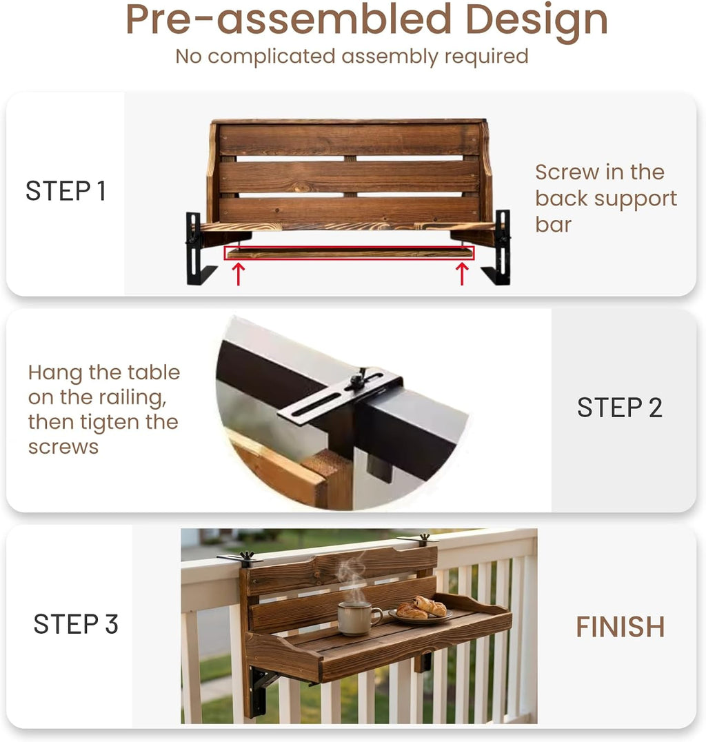 Folding Balcony Railing Table, Solid Wood Balcony Hanging Table, Railing Plant Holder, Balcony Bar Table Furniture for Apartment, Patio, Deck