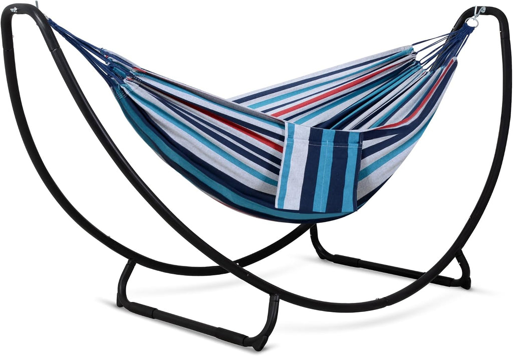 SUNCREAT 2 Person Hammock with Stand, Space Saving Free Standing Hammock with Stand Included, Patent Pending, Blue Red