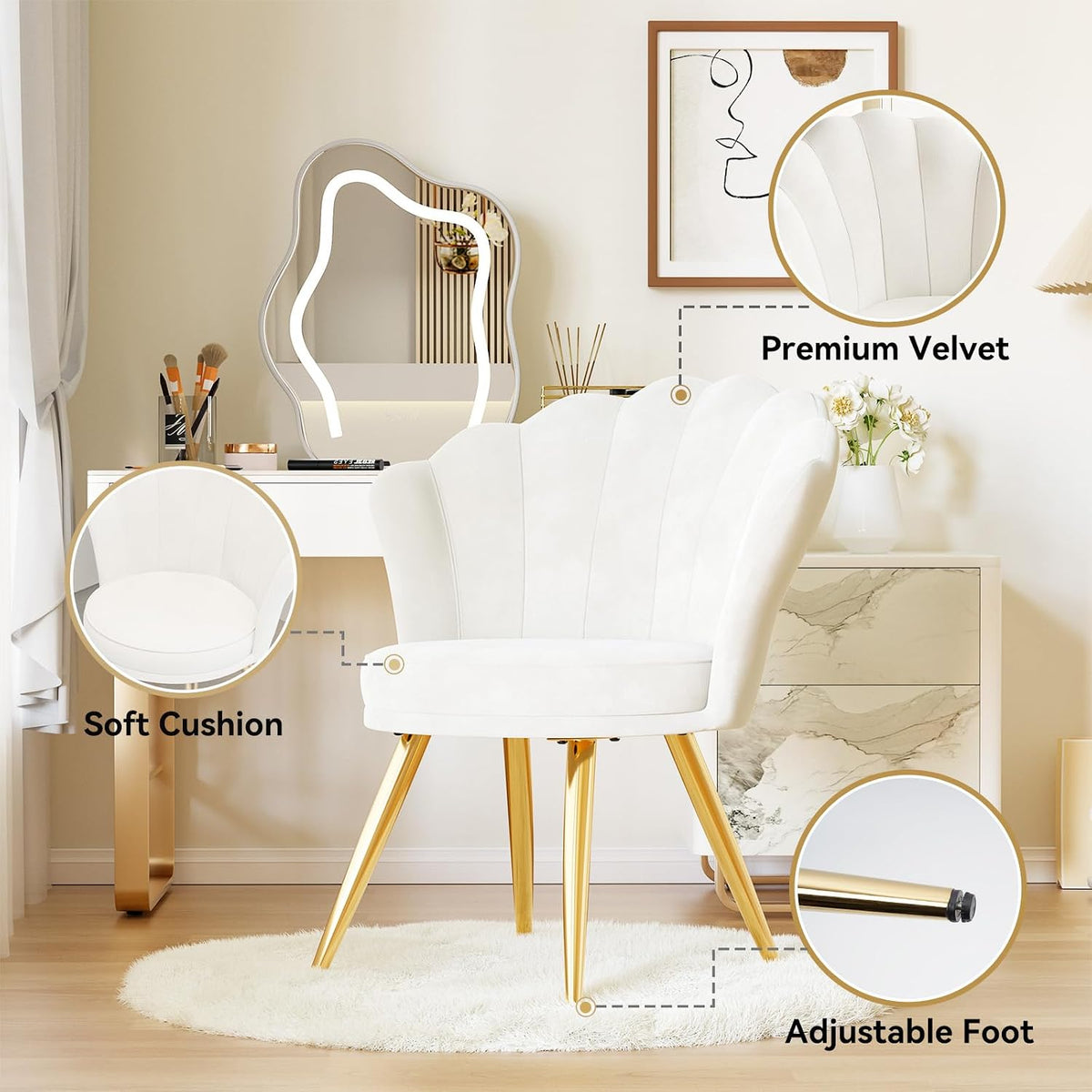 Velvet Accent Chair with Gold Metal Legs, Vanity Chair for Makeup Room, Upholstered Guest Chair for Living Room, for Bedroom, White
