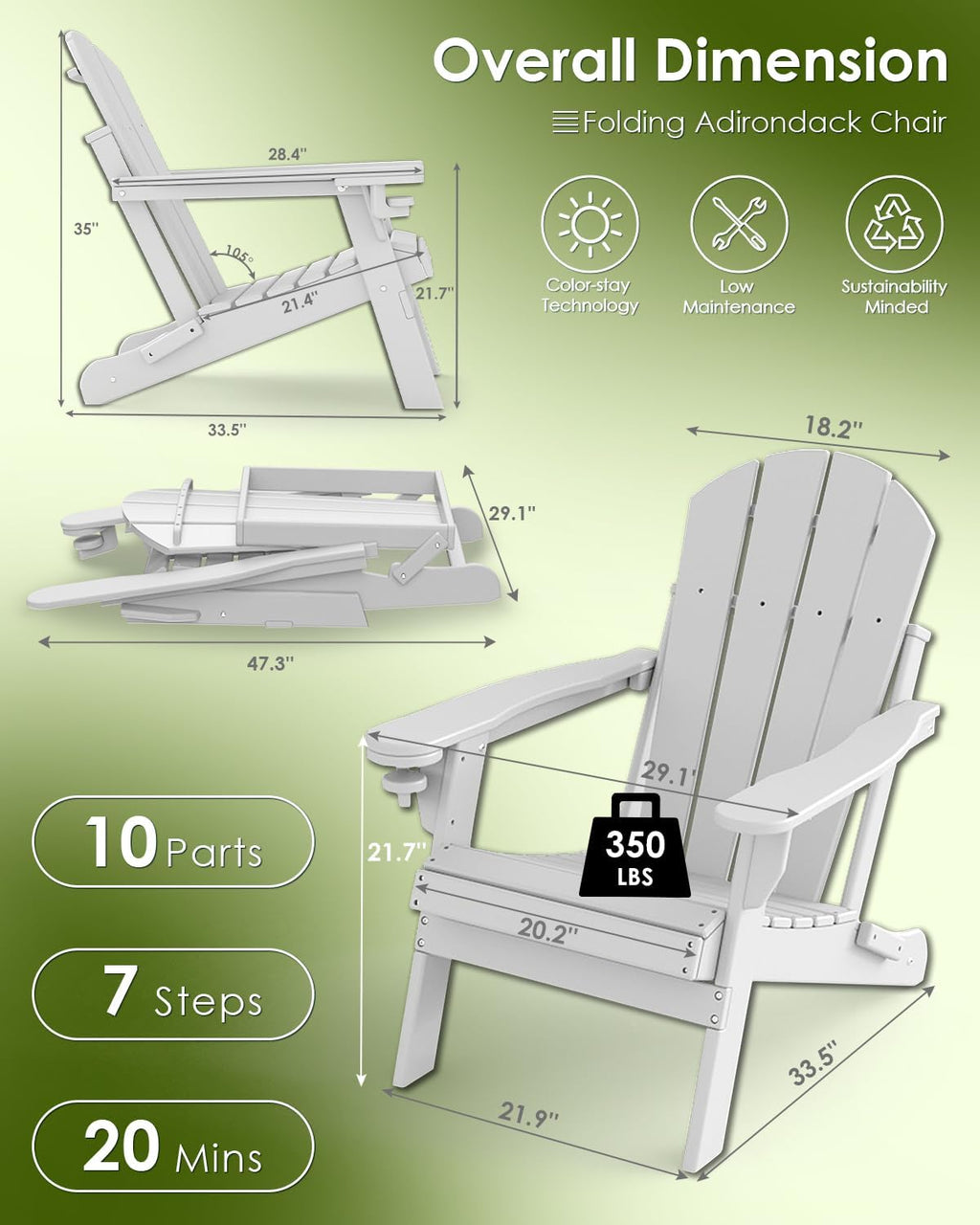 GREENVINES Folding-Adirondack-Chairs Set of 2, HDPE All Weather, White
